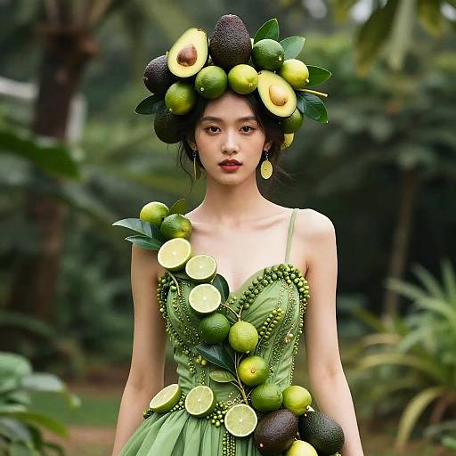 Photograph of an Asian woman with fair skin, dark hair, wearing a green dress adorned with avocado halves and leaves, decorated with fruit on her head