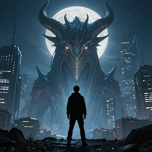 Digital artwork of a silhouetted figure facing a massive, horned, demonic creature with glowing eyes under a full moon in a dark, futuristic