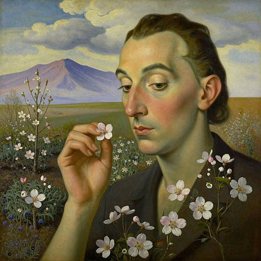 Surrealist painting of a pale-skinned woman with dark hair, gazing at white flowers, mountain and cloudy sky in the background.