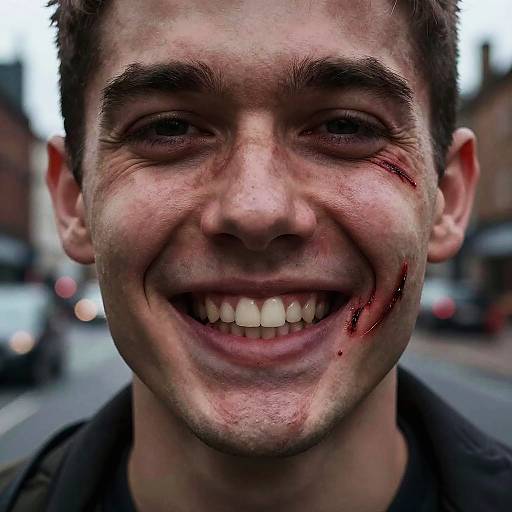 Close-up photograph of a smiling young man with blood on his cheek and mouth, standing on a city street. Background blurred.