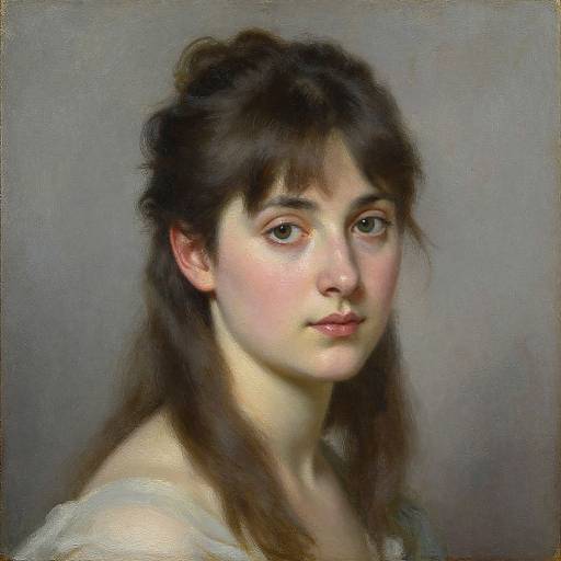 Realistic oil painting of a young woman with fair skin, brown eyes, dark brown hair in a loose updo, and subtle smile, wearing a