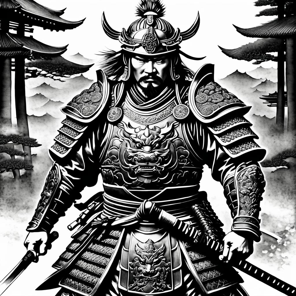 Fierce Samurai in Traditional Japanese Style