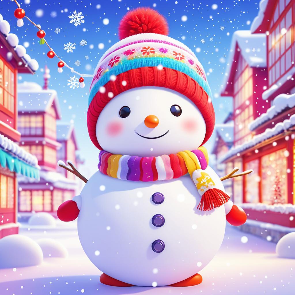 Cheerful Kawaii Snowman in Festive Scene