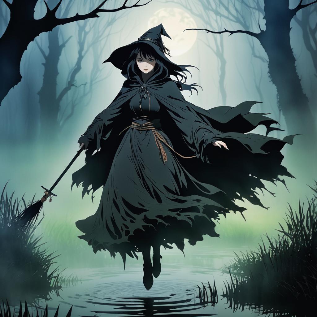 Mysterious Witch in Foggy Swamp Scene