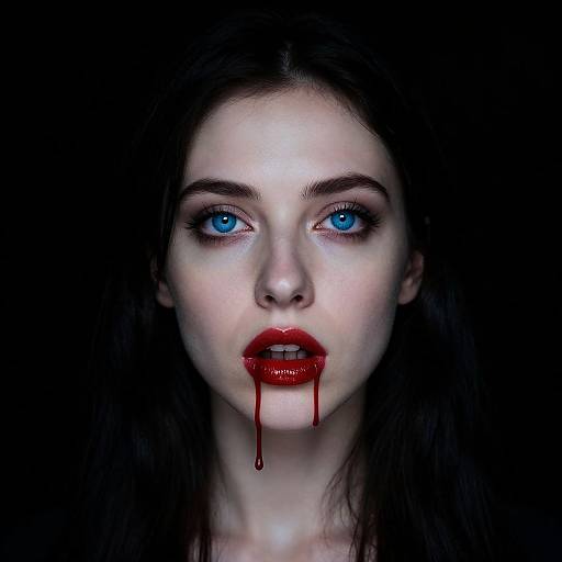 Photograph of a pale woman with striking blue eyes, dark hair, and red lipstick, with blood dripping from her lips against a black background.