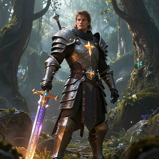 Digital artwork of a muscular, armored knight with glowing star emblems, holding a glowing sword in a mystical forest.