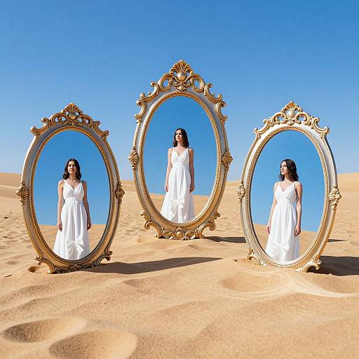 Photograph of a woman in a white dress reflected in three ornate, golden-framed mirrors standing in a bright blue sky over sandy desert.