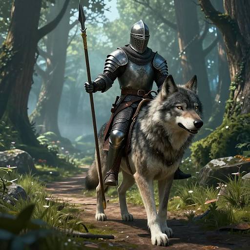 Digital artwork of a knight in silver armor riding a fierce, grey and white wolf on a forest path, holding a spear. Sunlight filters through the