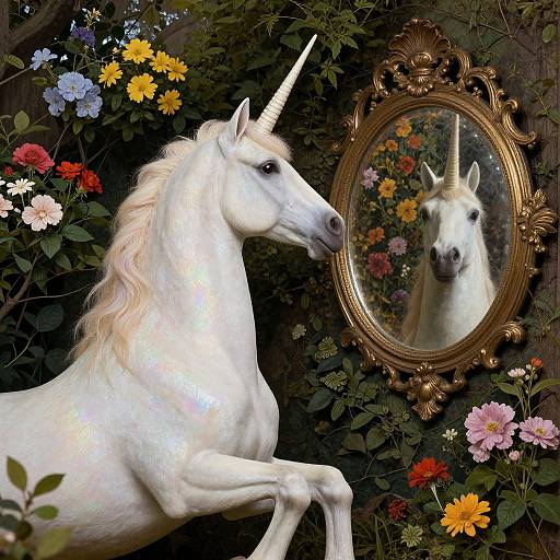 Photograph of a white unicorn with a shimmering coat, standing amidst vibrant flowers, reflected in an ornate gold-framed mirror.