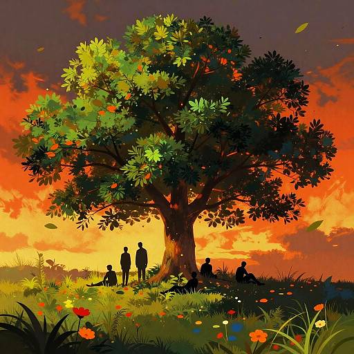 Glowing Tree Beneath Fiery Sky