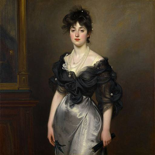 Painting of a fair-skinned, dark-haired woman in a black off-shoulder gown with silver skirt, pearl necklace, and ornate hair