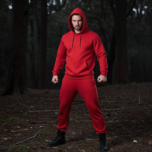Photograph of a muscular man with a beard in a red hoodie and pants, standing in a dark forest, fists clenched, intense expression, contrasting
