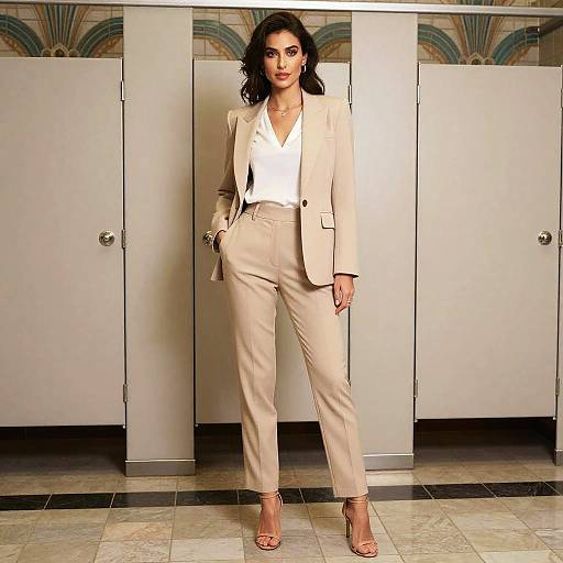 Photograph of a confident woman with wavy black hair, wearing a beige blazer, white blouse, and high-waisted beige pants, standing