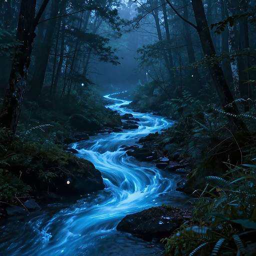 Luminous Serpentine River in Misty Forest