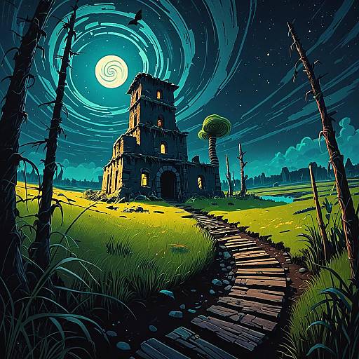 Mystical Ruins Under Spiral Moonlight