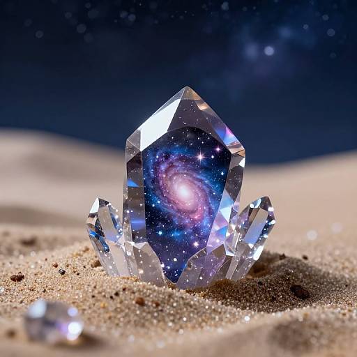 Photograph of a crystal gemstone with a galaxy-like interior, reflecting stars, set in sand under a starry night sky.