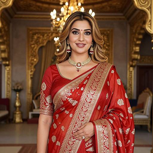 Photograph of a beautiful Indian woman with medium skin tone, wearing a red silk saree with gold embroidery, jewelry, and chandelier in ornate