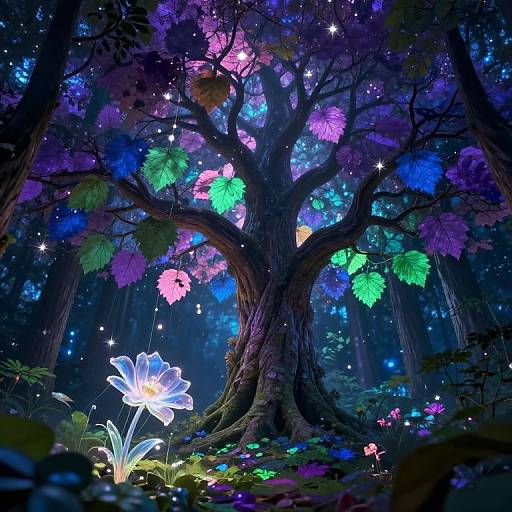 Digital fantasy forest scene with a glowing, multi-colored tree, luminescent flowers, and twinkling stars, creating a magical, otherworldly atmosphere