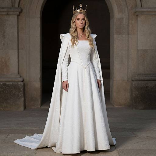 Photograph of a blonde woman in a long-sleeve white wedding gown with a full skirt, wearing a gold crown, standing in front of a