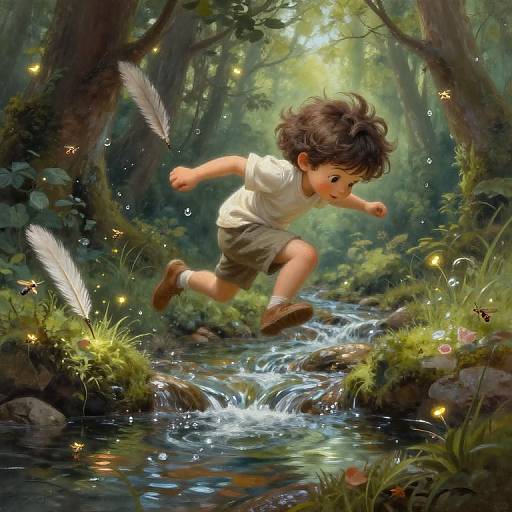 Digital painting of a curly-haired child in a white shirt and beige shorts, joyfully jumping over a forest stream with glowing fireflies and feathers. Sun