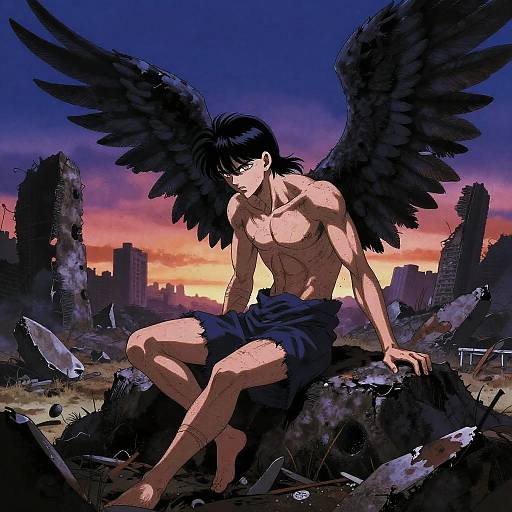 Anime-style drawing of a muscular, shirtless, black-winged man with dark hair, sitting on rubble at sunset in a ruined cityscape.