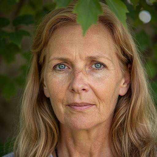 Photograph of a middle-aged woman with blue eyes, light brown hair, and fair skin, standing outdoors with green leaves in the foreground.
