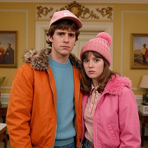 Photograph of a serious teenage boy in an orange jacket and pink cap, standing beside a concerned teenage girl in a pink hat and pink jacket, in
