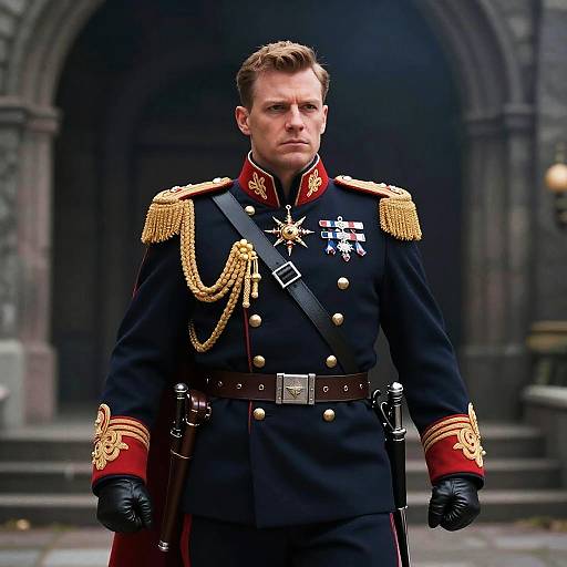 Photograph of a stern, handsome, fair-skinned male soldier in a black, gold-epauletted military uniform with medals, standing in