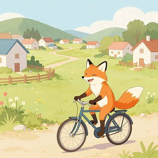 Whimsical Fox Biking in Pastel Village
