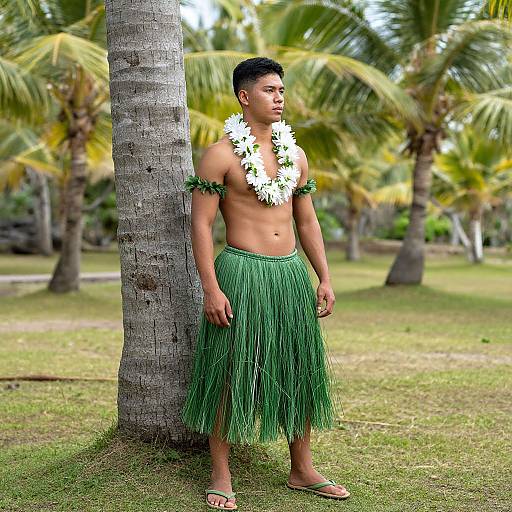 Photograph of a young, shirtless man with short black hair, wearing a white flower lei, green grass skirt, and sandals, standing against a