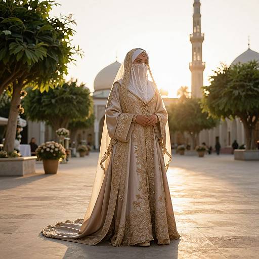 Photograph of a veiled woman in an ornate, gold-embroidered traditional robe standing in a sunlit courtyard with a mosque and min