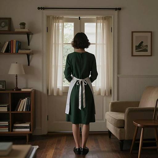 Woman in Dark Green Dress in Living Room