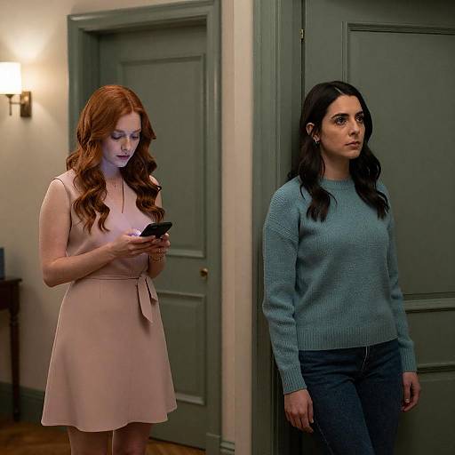 Two Women by Green Doors in Warm Light