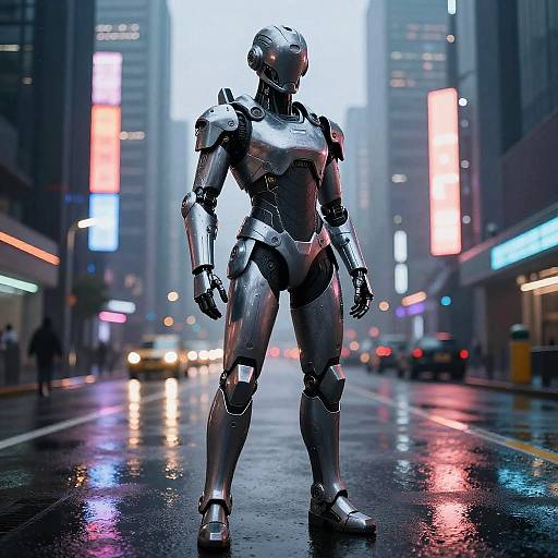 Photorealistic CGI of a silver, humanoid robot standing in a neon-lit, rainy city street with blurred pedestrians and glowing billboards.
