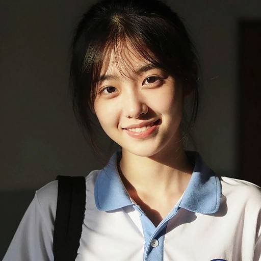 Photograph of a smiling young Asian woman with dark hair, wearing a white shirt with blue collar, illuminated by sunlight.