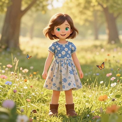 CGI image of a cute, smiling girl with green eyes in a blue floral dress and brown boots, standing in a sunlit meadow with butterflies