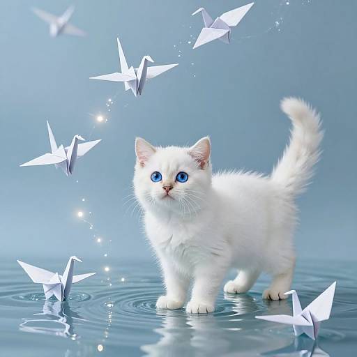 Photograph of a fluffy white kitten with bright blue eyes, standing on a reflective blue surface, surrounded by floating white paper birds against a gradient blue background