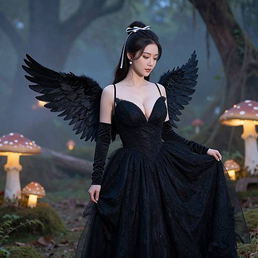 Photograph of an ethereal woman with black wings, black dress, and long black hair, standing in a foggy forest with glowing mushrooms.