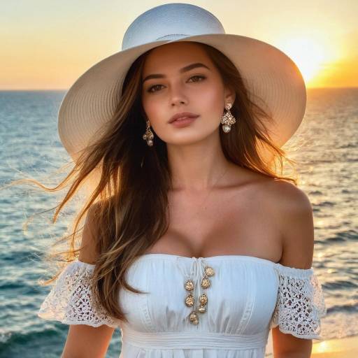 Woman in White Dress and Hat at Ocean Sunset