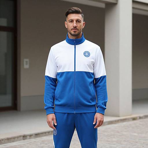 Photograph of a handsome, short-haired man with a beard, wearing a white and blue athletic jacket and matching pants, standing outdoors in front of a