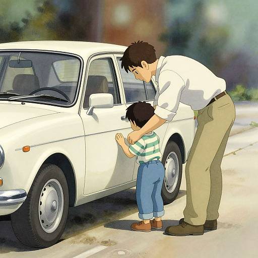 Digital illustration of an Asian father in a white shirt and beige pants, helping his young son with blue pants and green-striped shirt, wash a white vintage