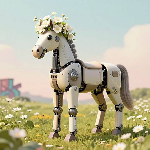 Photorealistic CGI of a white robotic horse with metal joints and a flower crown, standing in a sunny meadow with daisies.