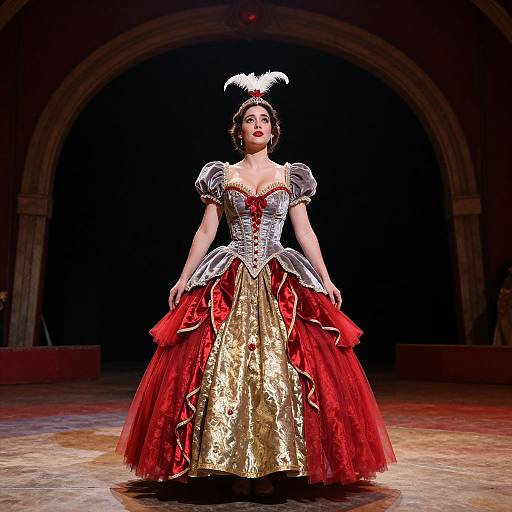 Photograph of a woman in a detailed, silver and red ballgown with gold skirt, white feathered headpiece, on a stage with dark