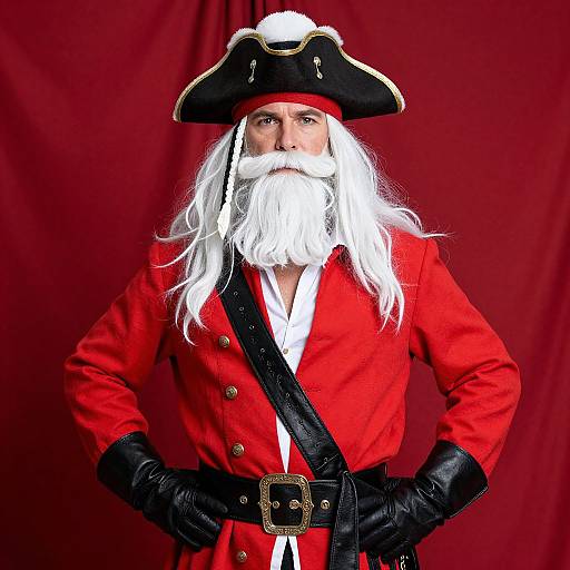 Photograph of a white-bearded man in a red pirate coat, black tricorn hat, and black gloves, against a red background.