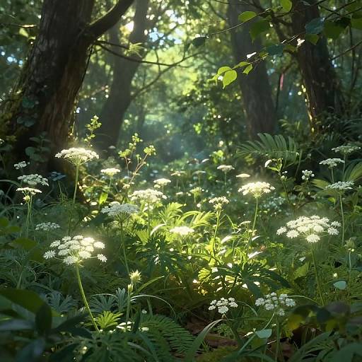 Photograph of a sunlit forest floor, with white wildflowers and green ferns bathed in dappled sunlight among tall, shadowed trees