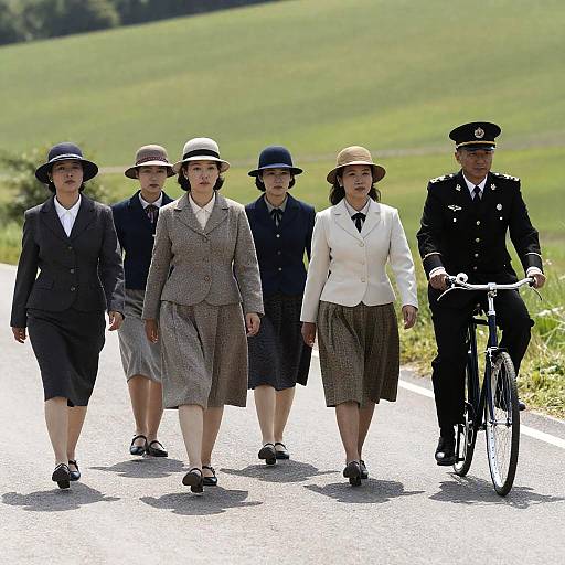 Group of Women Walking with Man on Bicycle