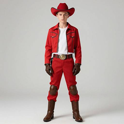 Photograph of a young man in a red cowboy outfit: jacket, pants, boots, brown gloves, hat, white shirt, and a decorative belt