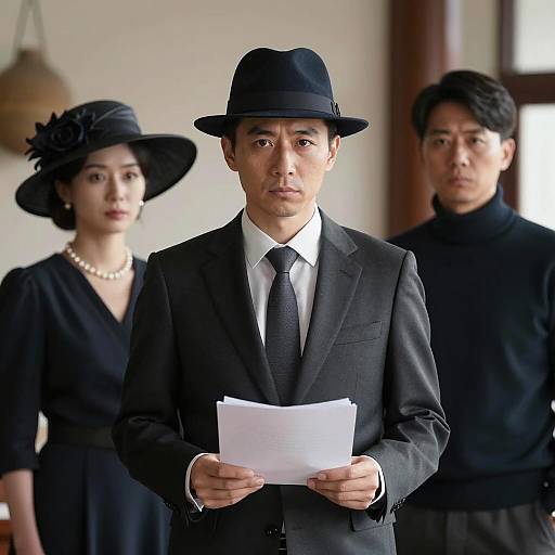 Photograph of an East Asian man in a black suit and hat, holding a white paper, flanked by an Asian woman in a black dress and