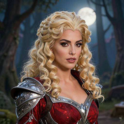 Digital artwork of a blonde, curly-haired woman with fair skin, wearing red armor with silver shoulder plates, standing in a moonlit forest.