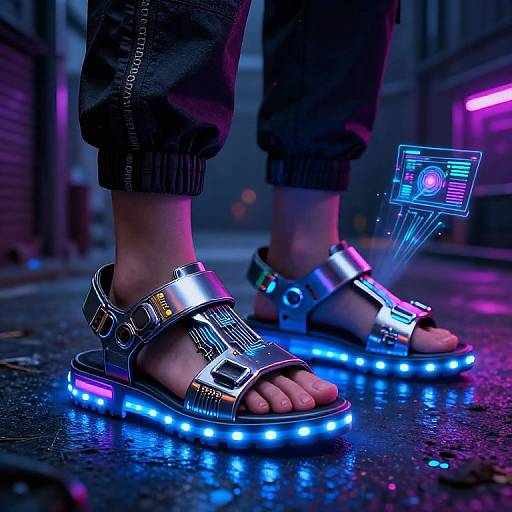 Cyberpunk street scene: Neon-lit, glowing blue and purple LED sandals on feet, black cargo pants, wet pavement, futuristic floating hologram
